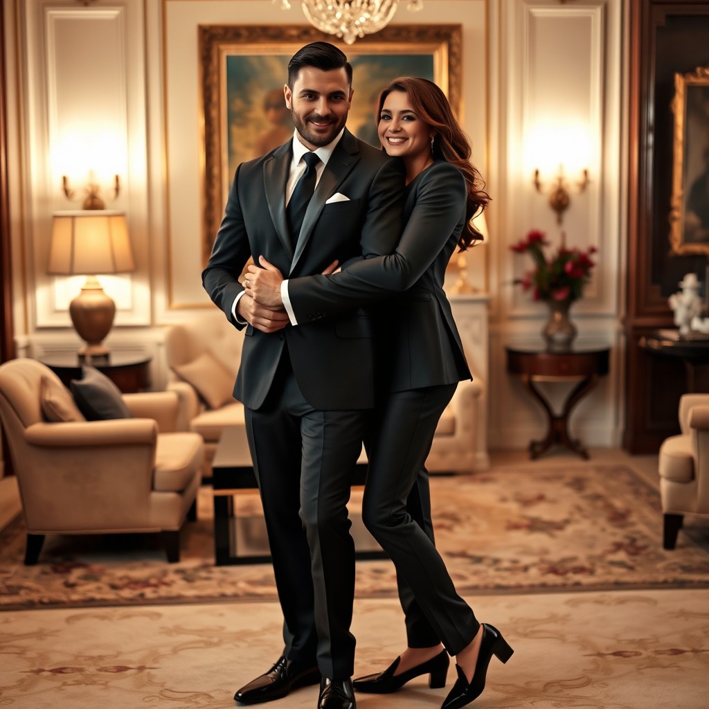 A very stylish couple embracing each other, both dressed impeccably in well-fitted suits