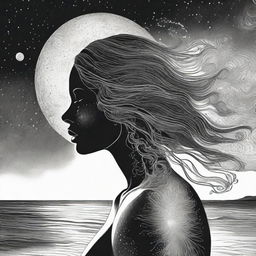 Create a black and white drawing of a side-profile woman with the intricate shading of a sunset reflected in her skin. The setting is a beach with the spectacle of colliding galaxies in the backdrop.