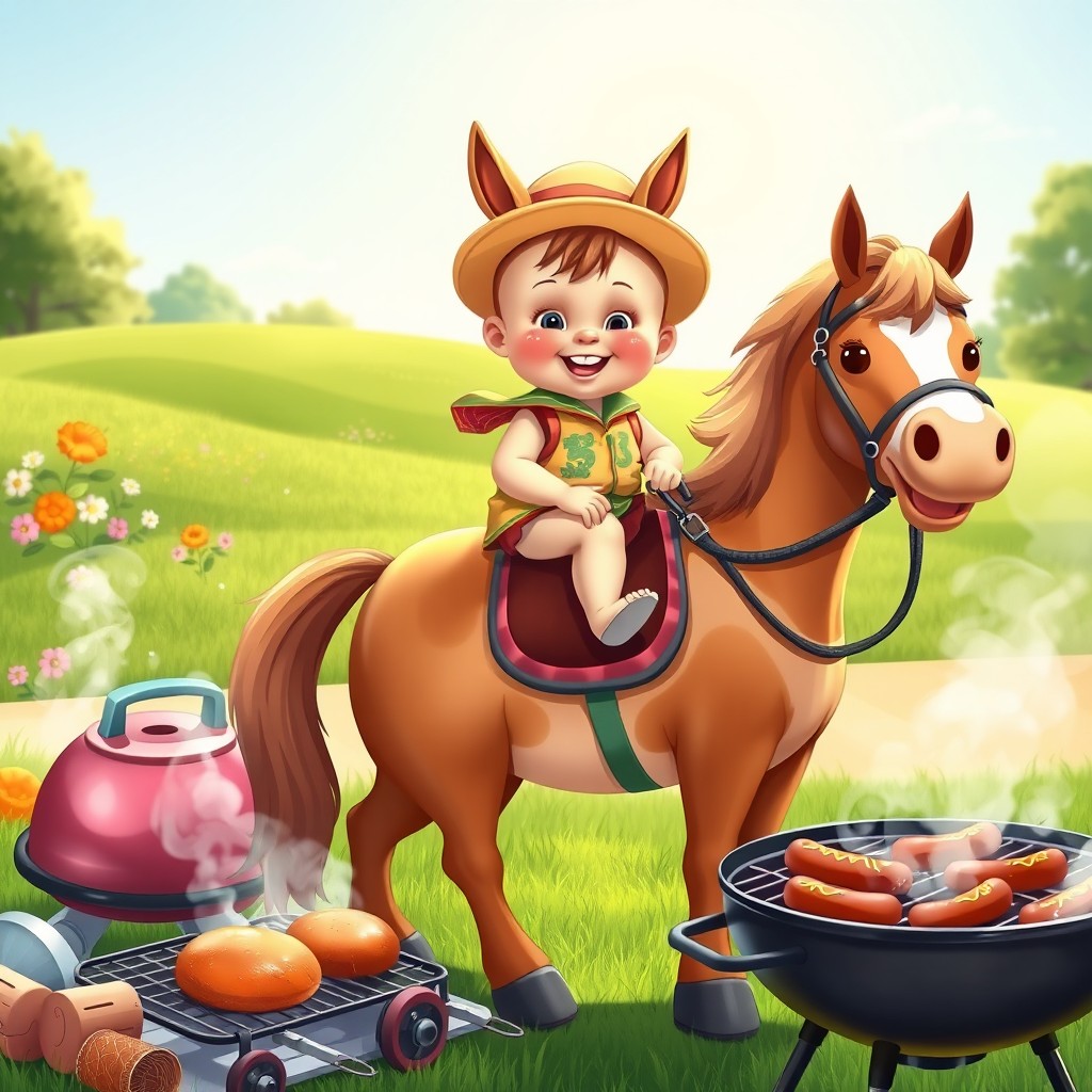 A whimsical scene depicting a cheerful baby sitting confidently on a friendly horse, surrounded by colorful barbecue equipment