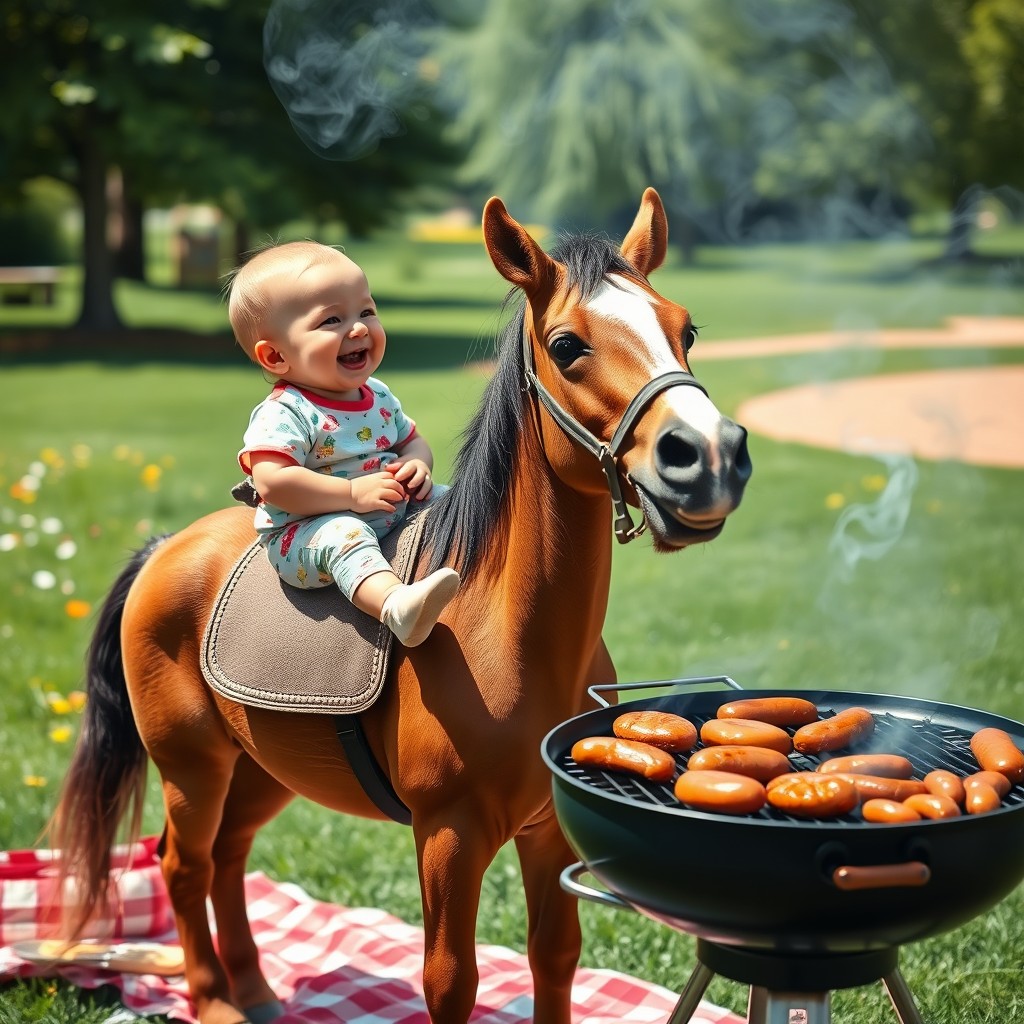 A whimsical scene featuring a cute baby sitting on a friendly horse, joyfully interacting while a barbecue grill smokes in the background