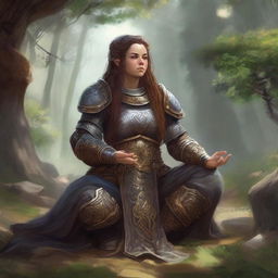 dwarven female kineticist meditates amid nature wearing her heavy armor while controlling energy around her