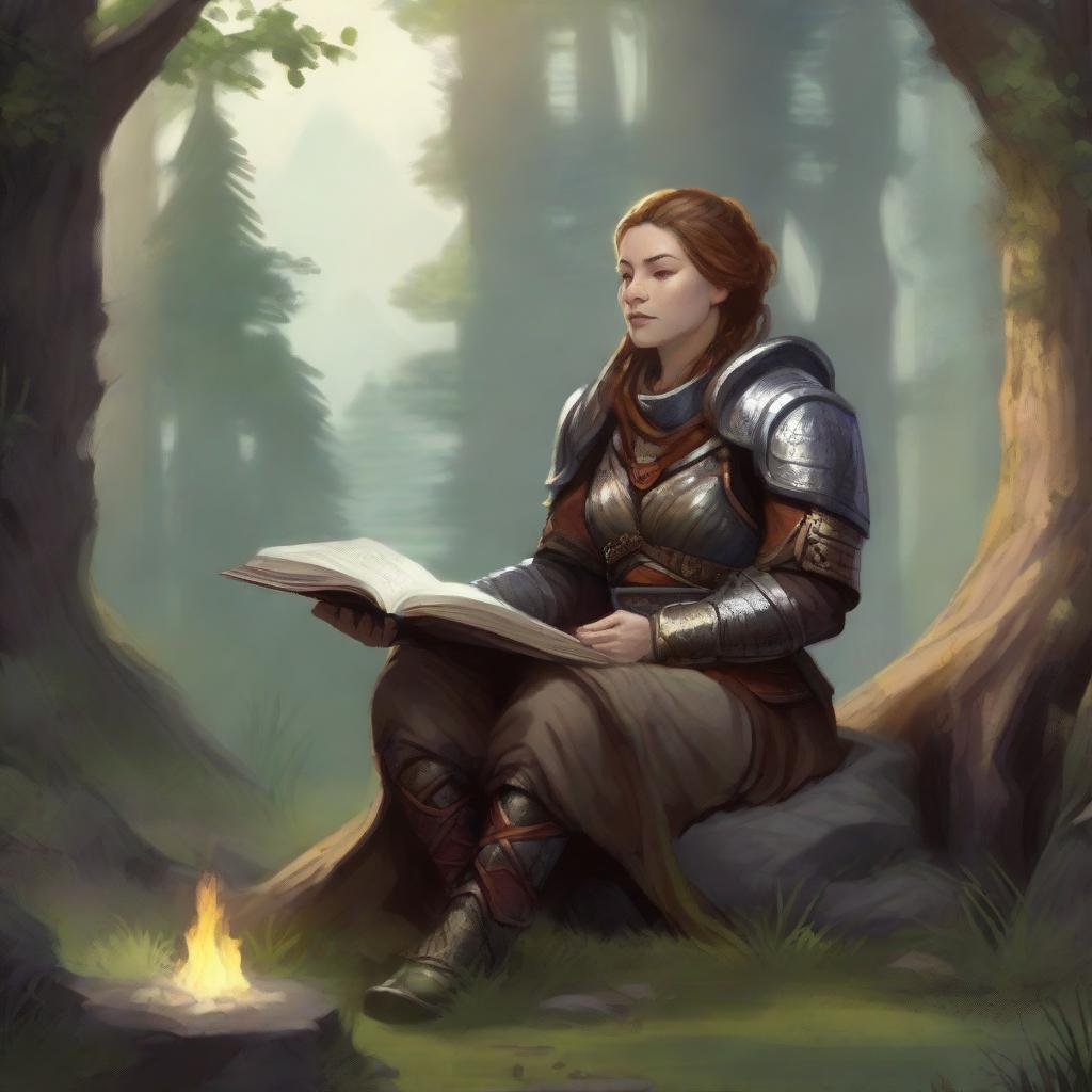 dwarven female kineticist meditates amid nature wearing her heavy armor while controlling energy around her