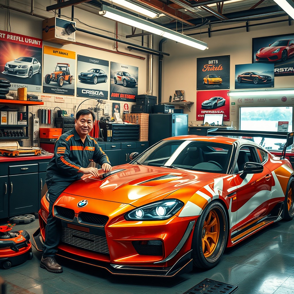 A vibrant scene in a car workshop owned by Nakai Kazuya from Japan, showcasing skilled mechanics diligently installing a custom body kit on a sleek, high-performance car reminiscent of those in GTA Online
