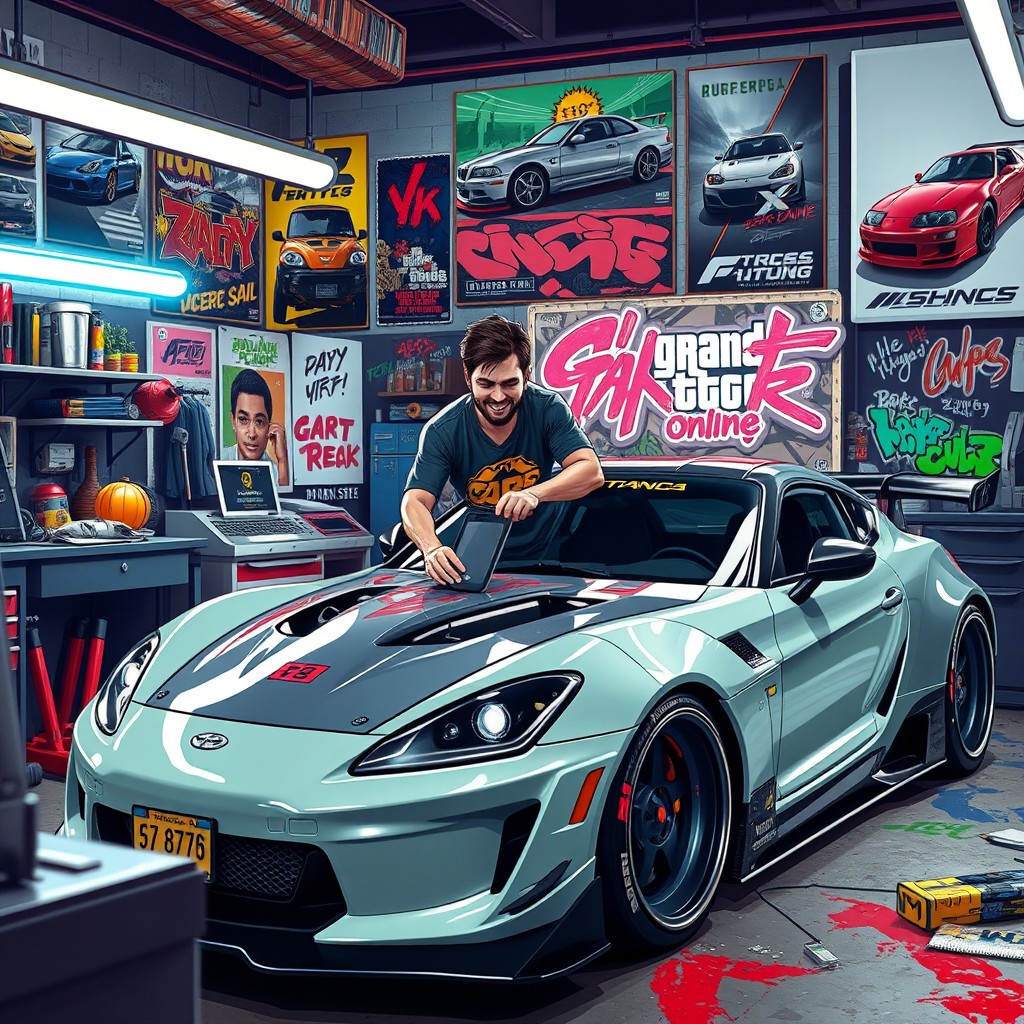 A vibrant scene showcasing Nakai Kazuya from Japan, the owner of a workshop specializing in installing body kits for cars in the style of GTA Online