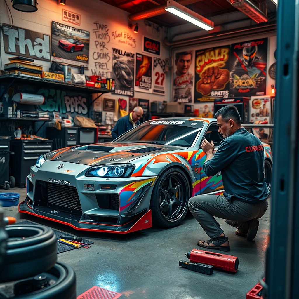 An engaging portrayal of Nakai Kazuya from Japan, the owner of a body kit workshop, passionately customizing a car in the style of GTA Online
