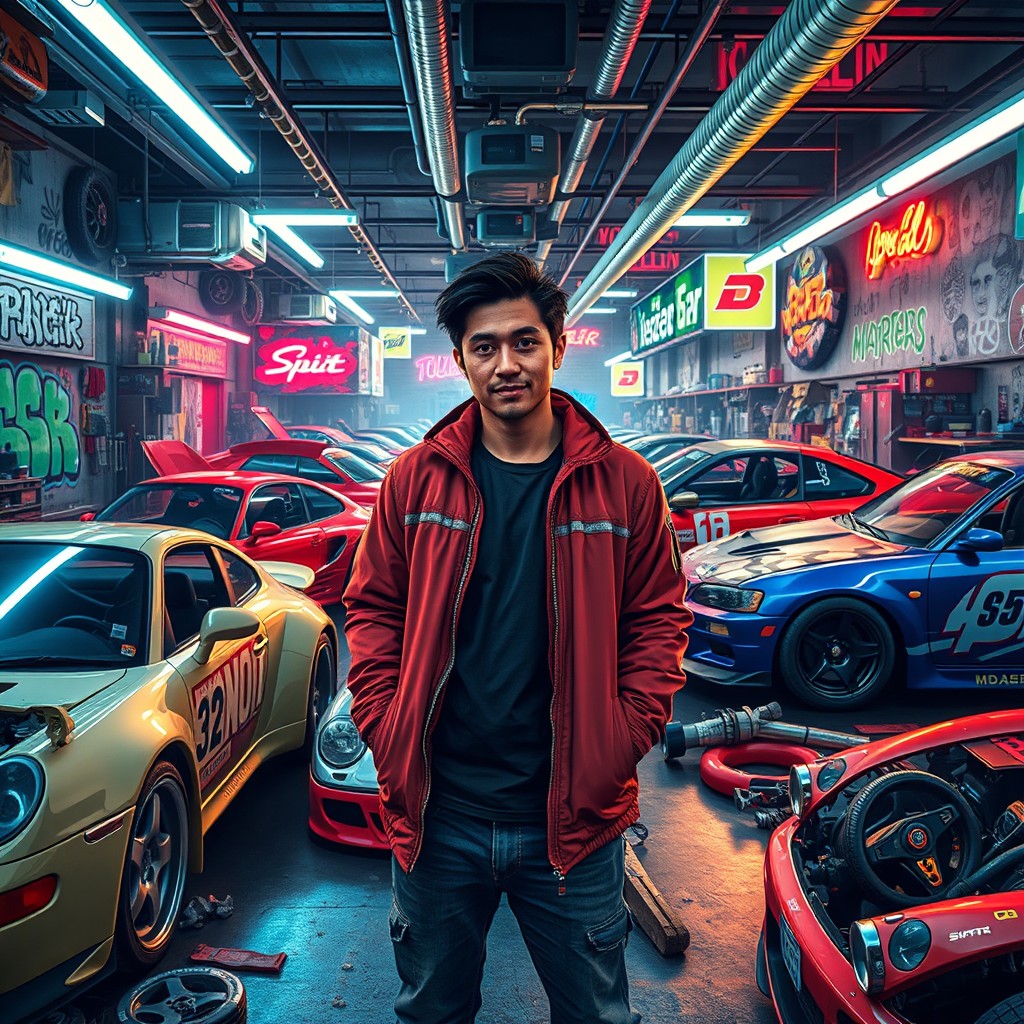 An imaginative representation of Nakai Kazuya from Japan as the owner of a bustling workshop inspired by the world of GTA Online