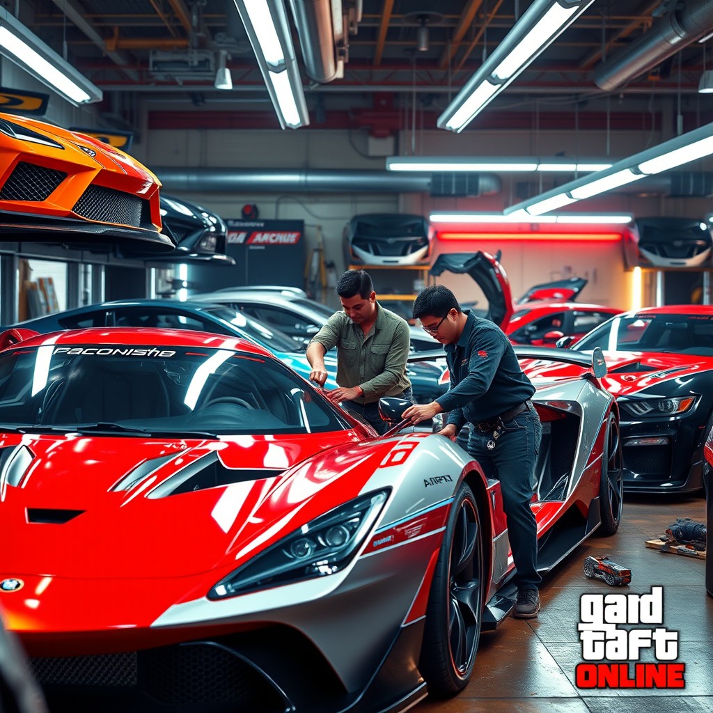 A dynamic scene featuring Nakai Kazuya from Japan, working passionately in his GTA Online car workshop
