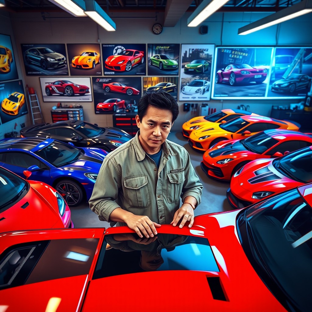 An engaging scene of Nakai Kazuya from Japan, portrayed as the owner of a bustling car workshop in the style of GTA Online