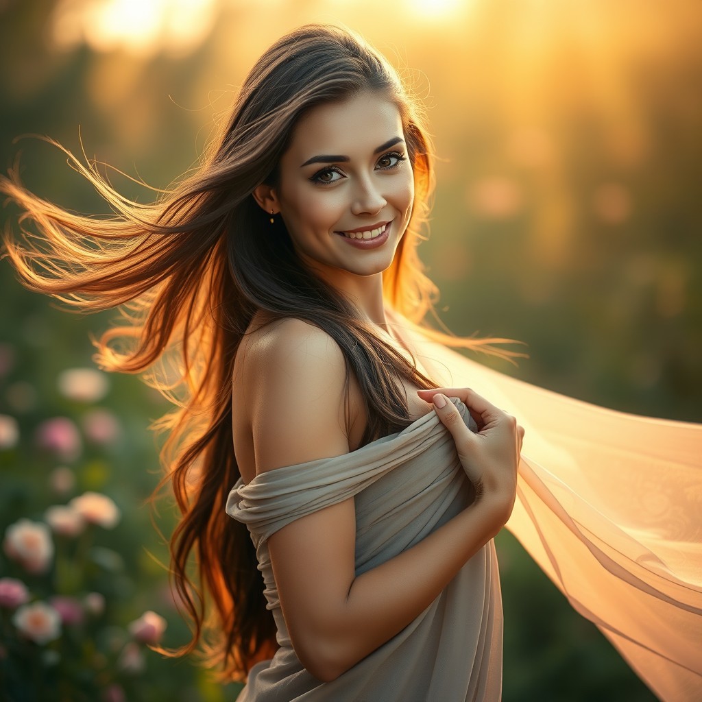 A beautiful adult woman with long flowing hair, standing gracefully in an artistic pose