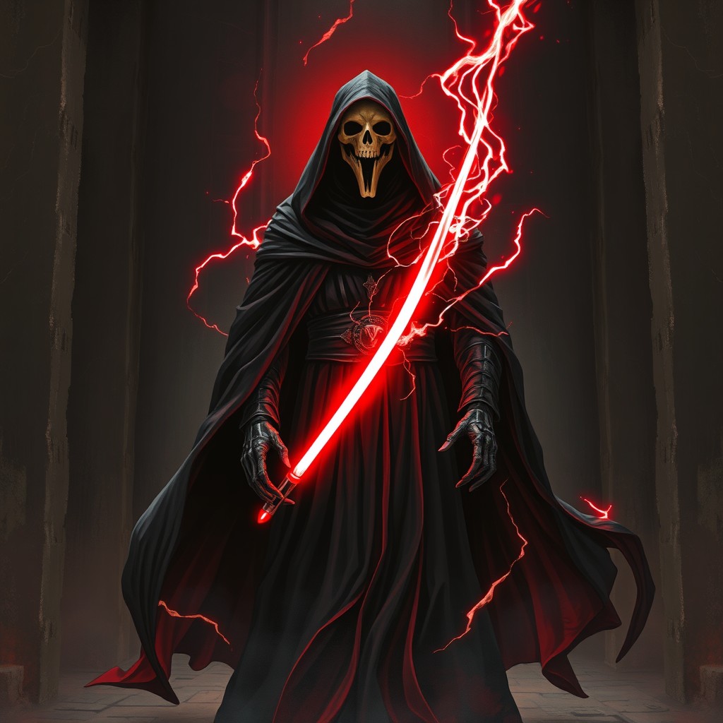A menacing figure in a dark, flowing robe, representing Darth Nihilus from the Star Wars universe