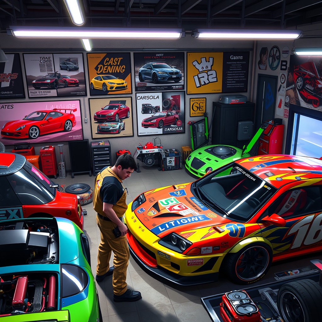An action-packed depiction of Nakai Kazuya from Japan, as he runs his bustling car workshop in GTA Online