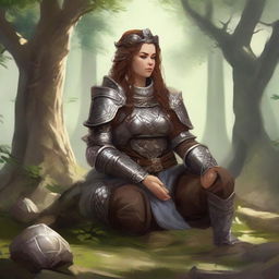 dwarven female kineticist meditates amid nature wearing her heavy armor while controlling energy around her