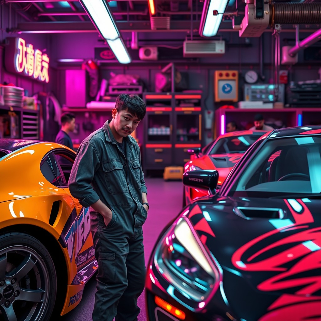 A detailed scene featuring Nakai Kazuya from Japan as the owner of an automotive body kit workshop designed in the style of GTA Online