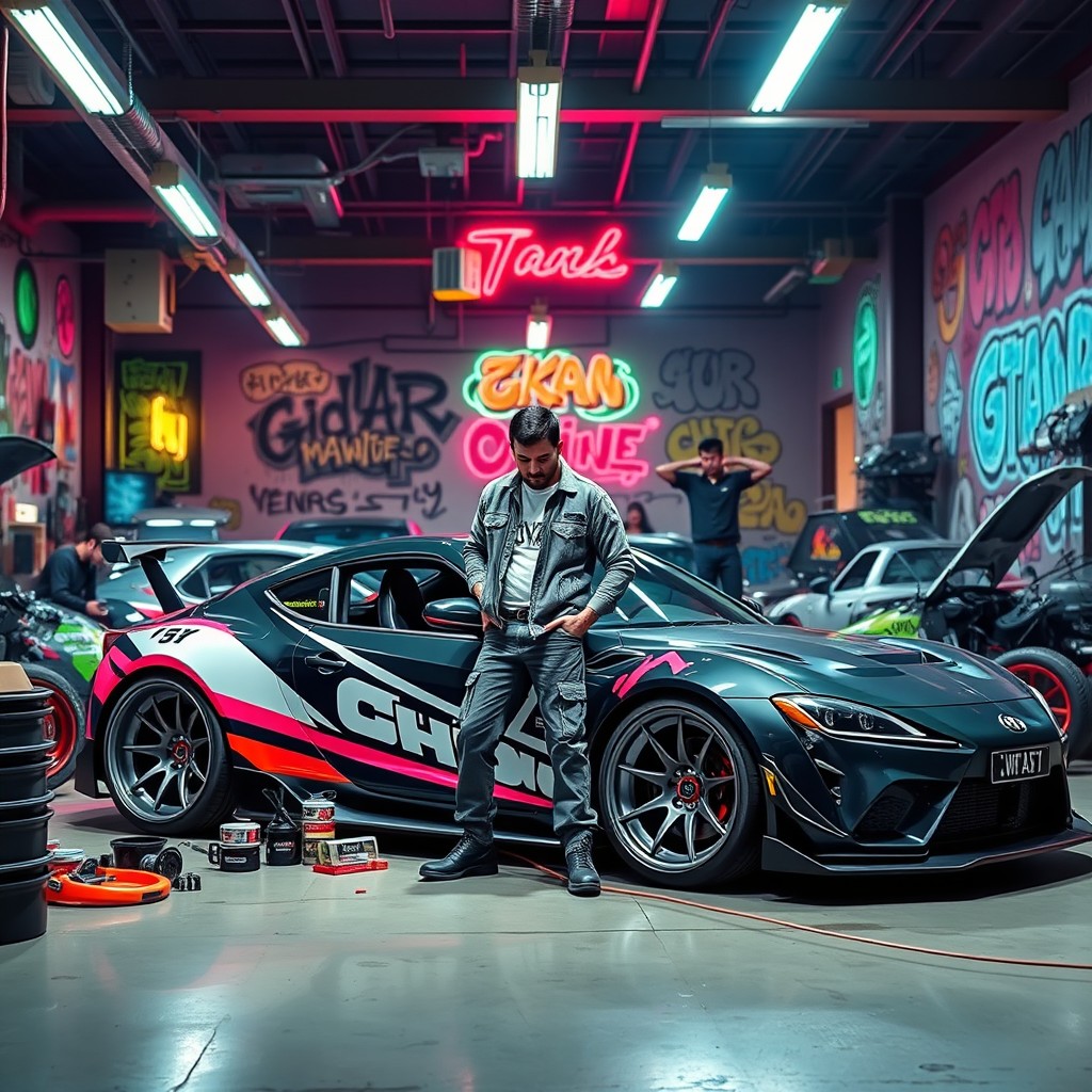 A vibrant scene featuring Nakai Kazuya from Japan as the owner of a Custom body kit workshop styled after GTA Online