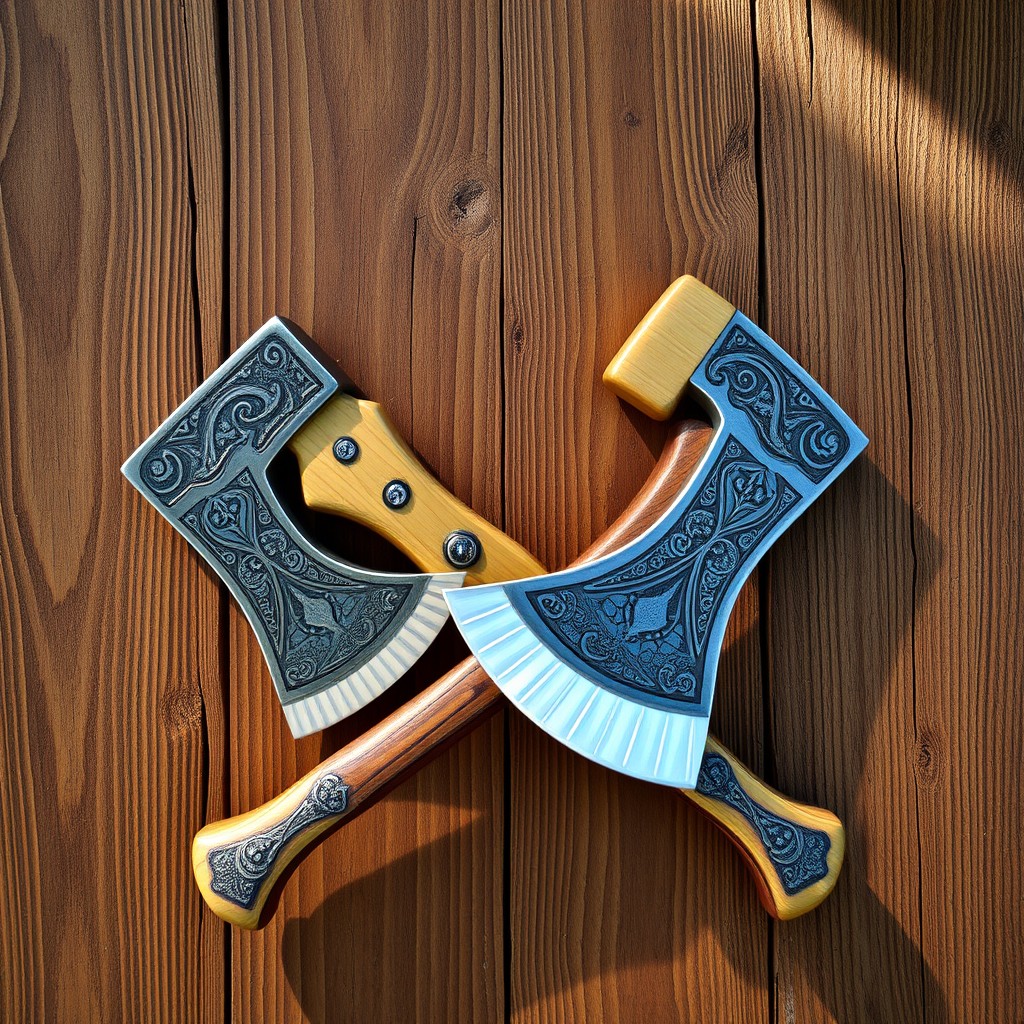 Two beautiful crossed axes adorned with intricate patterns and designs on their handles, set against a rustic wooden background