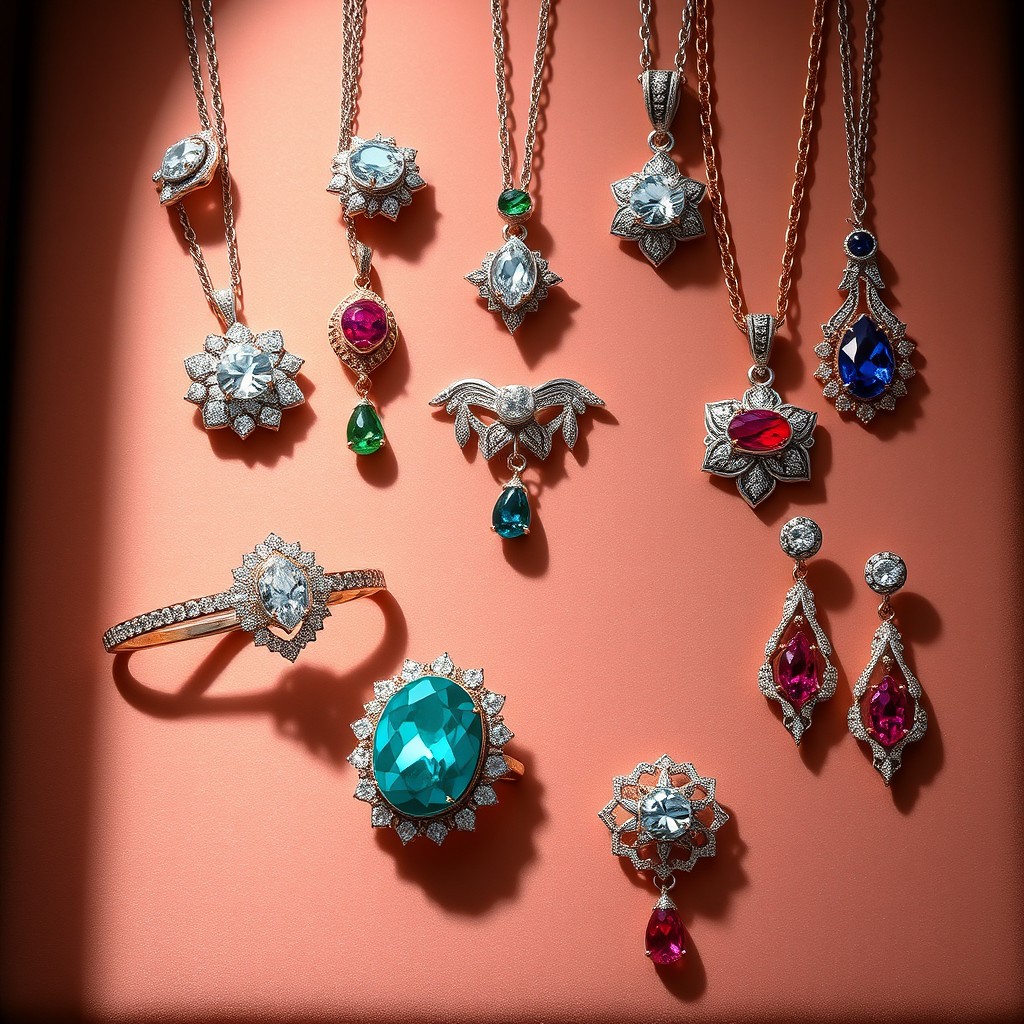 A stunning display of exquisite jewelry showcasing a variety of pieces including sparkling diamond rings, elegant necklaces adorned with colorful gemstones, intricate bracelets with delicate detailing, and luxurious earrings