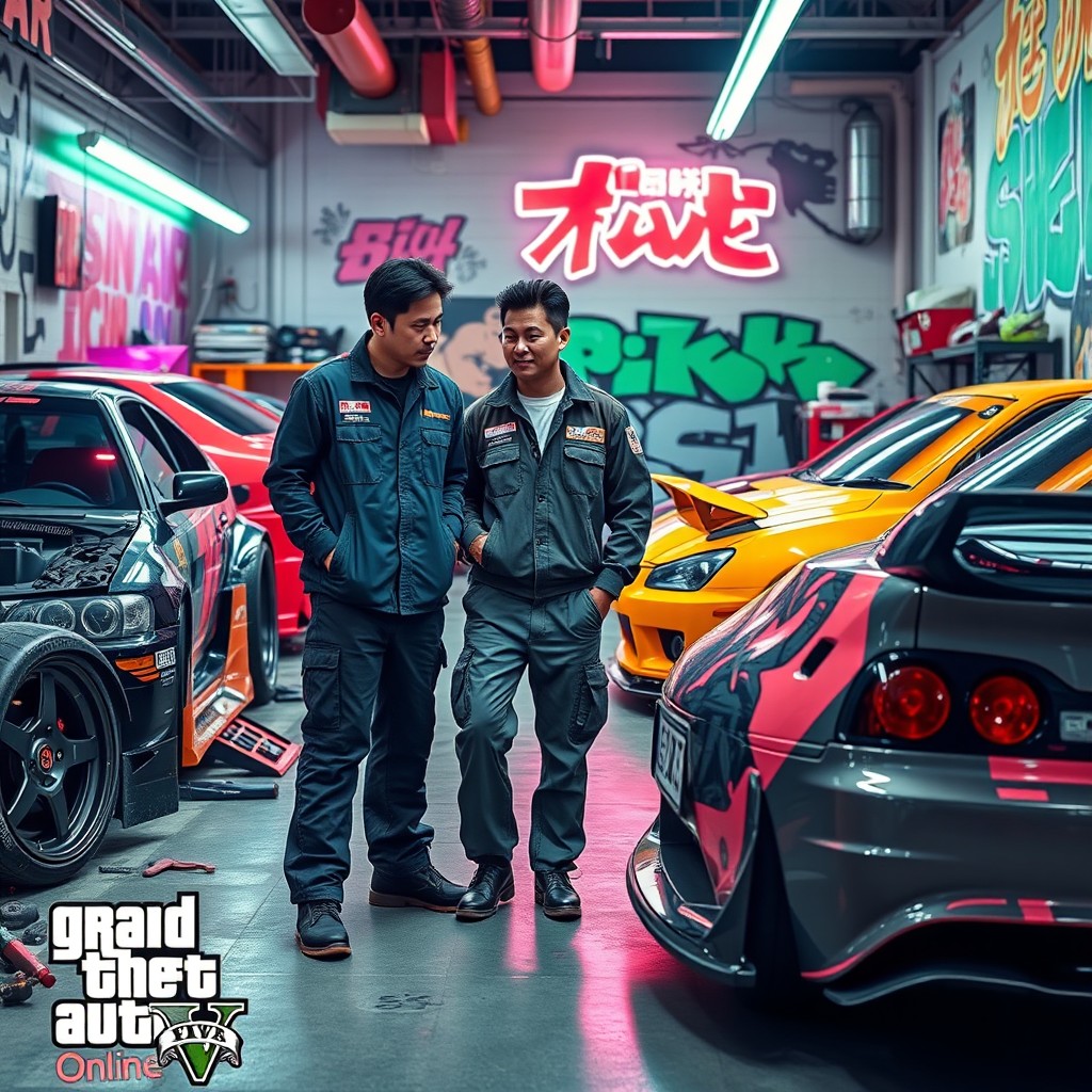 A dynamic scene of Nakai Kazuya, a prominent figure in Japan, confidently showcasing his custom body kit workshop inspired by the vibrant aesthetics of GTA Online