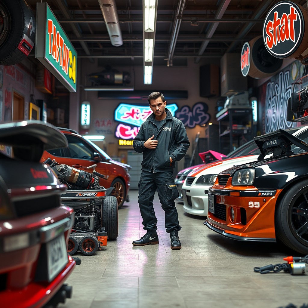 A prominent portrayal of Nakai Kazuya, a well-known figure in Japan, masterfully operating his custom body kit workshop inspired by the energetic style of GTA Online