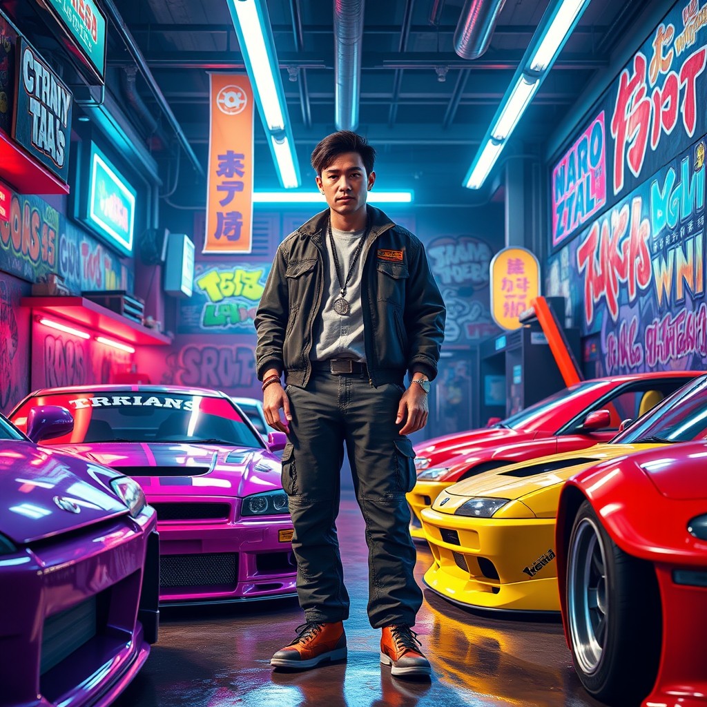 A striking depiction of Nakai Kazuya, a distinguished figure in Japan, prominently featured as the owner of a custom body kit workshop inspired by the vibrant style of GTA Online