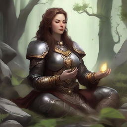 dwarven female kineticist meditates amid nature wearing her heavy armor while controlling energy around her