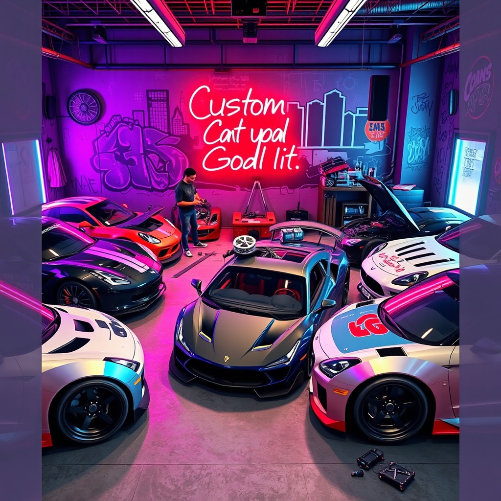 A custom body kit workshop inspired by the style of GTA Online, featuring an energetic atmosphere with vibrant neon lights and graffiti art on the walls