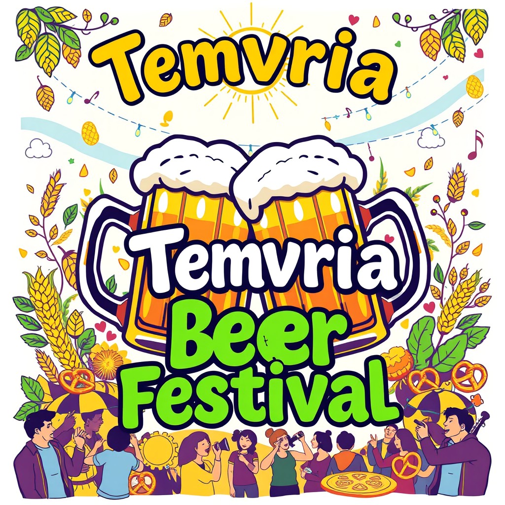 A vibrant and lively t-shirt design for the "Temvria Beer Festival" featuring an artistic representation of frothy beer mugs clinking together