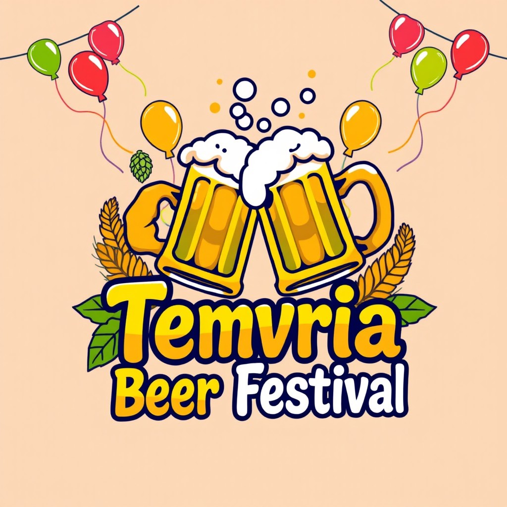 A vibrant and festive T-shirt design for the Temvria Beer Festival featuring a whimsical illustration of beer mugs clinking together, surrounded by hops and wheat