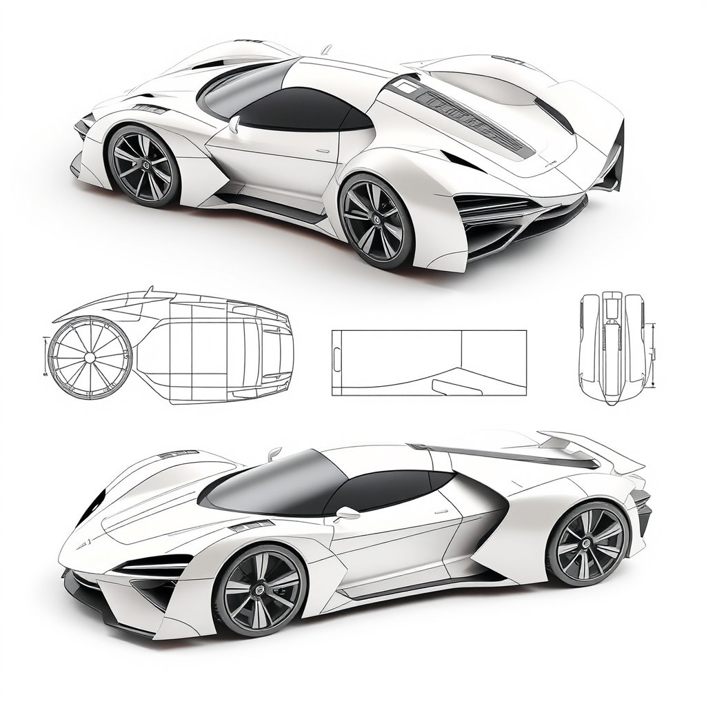 A sleek and futuristic paper hypercar model template designed for paper craft enthusiasts, showcasing smooth aerodynamic lines, an aggressive stance, and intricate details