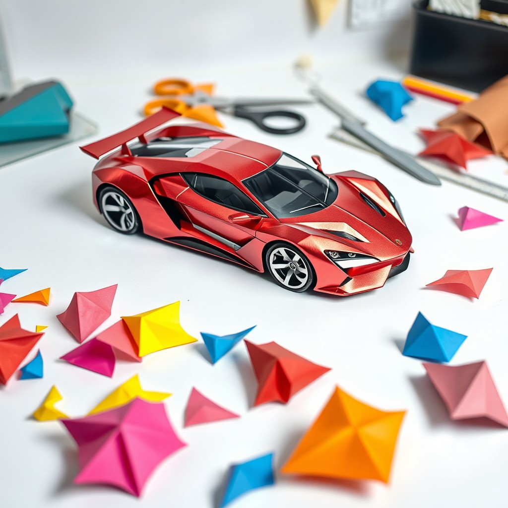 A beautifully designed paper hypercar model template, showcasing intricate details like aerodynamic curves, sleek body lines, and an angular futuristic design