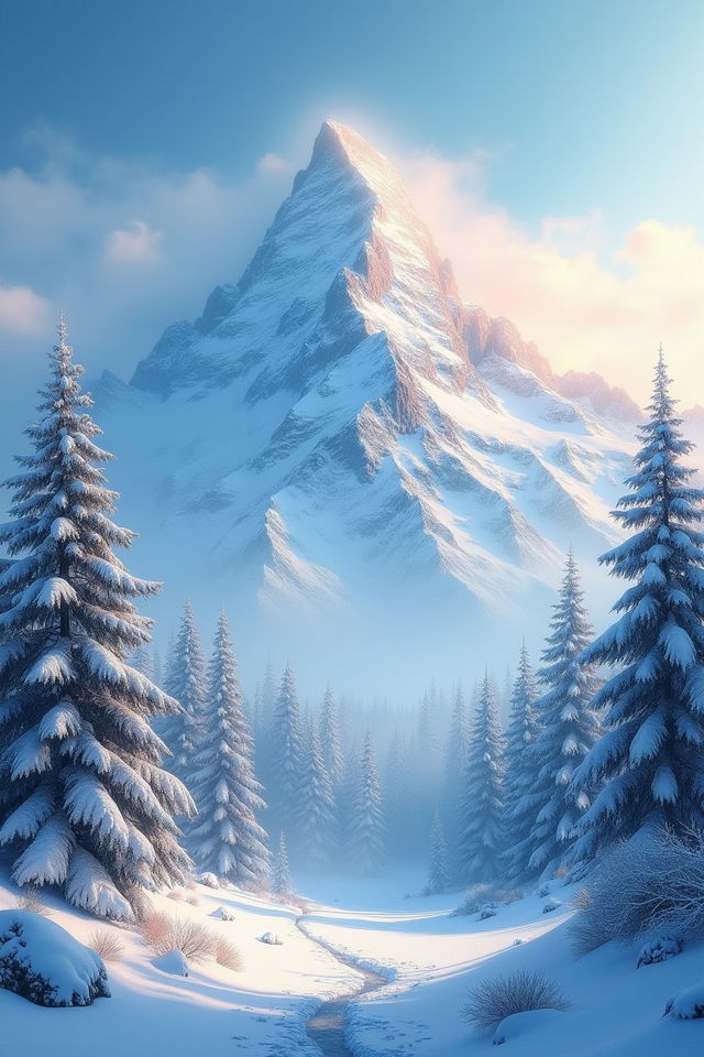 An enchanting book cover featuring a majestic snowy mountain scene