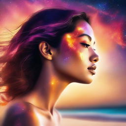 Illustrate a side-profile woman with a sunset's warm hues reflected on her skin. The background features a beach with colliding galaxies, all rendered in blurred colors for a dreamy effect.