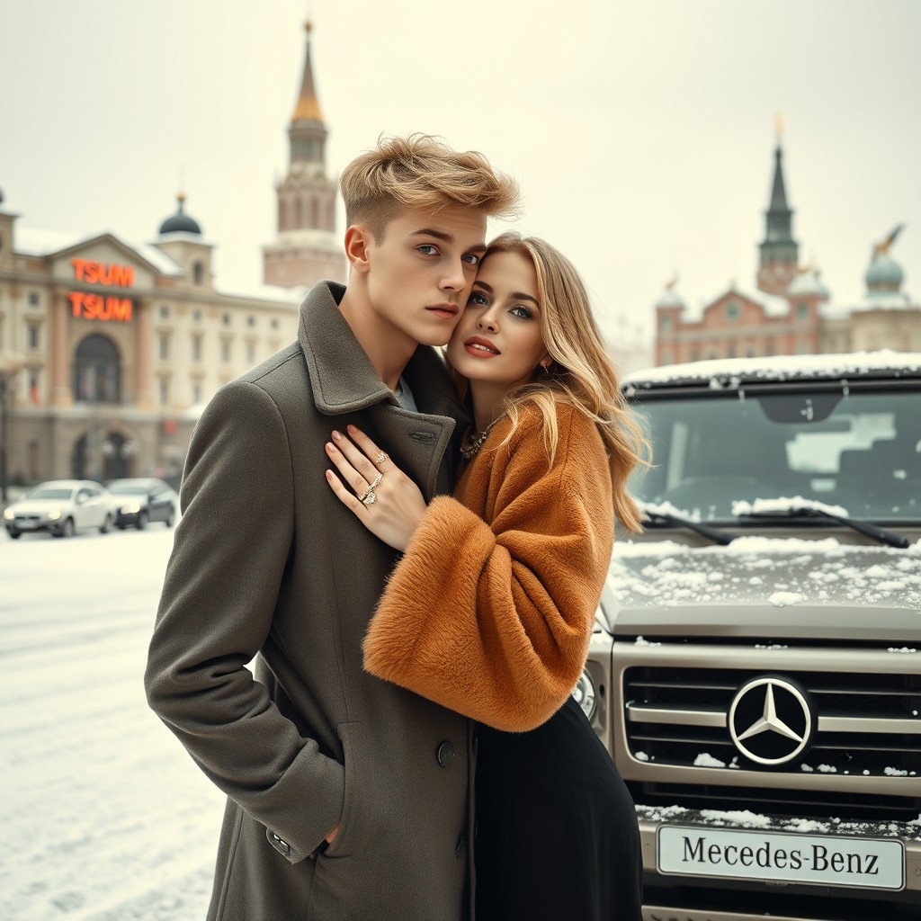 A young blond man with blue eyes, inspired by the aesthetics of the Russian Empire, standing in a snowy Siberian city that reflects a cold and isolated atmosphere