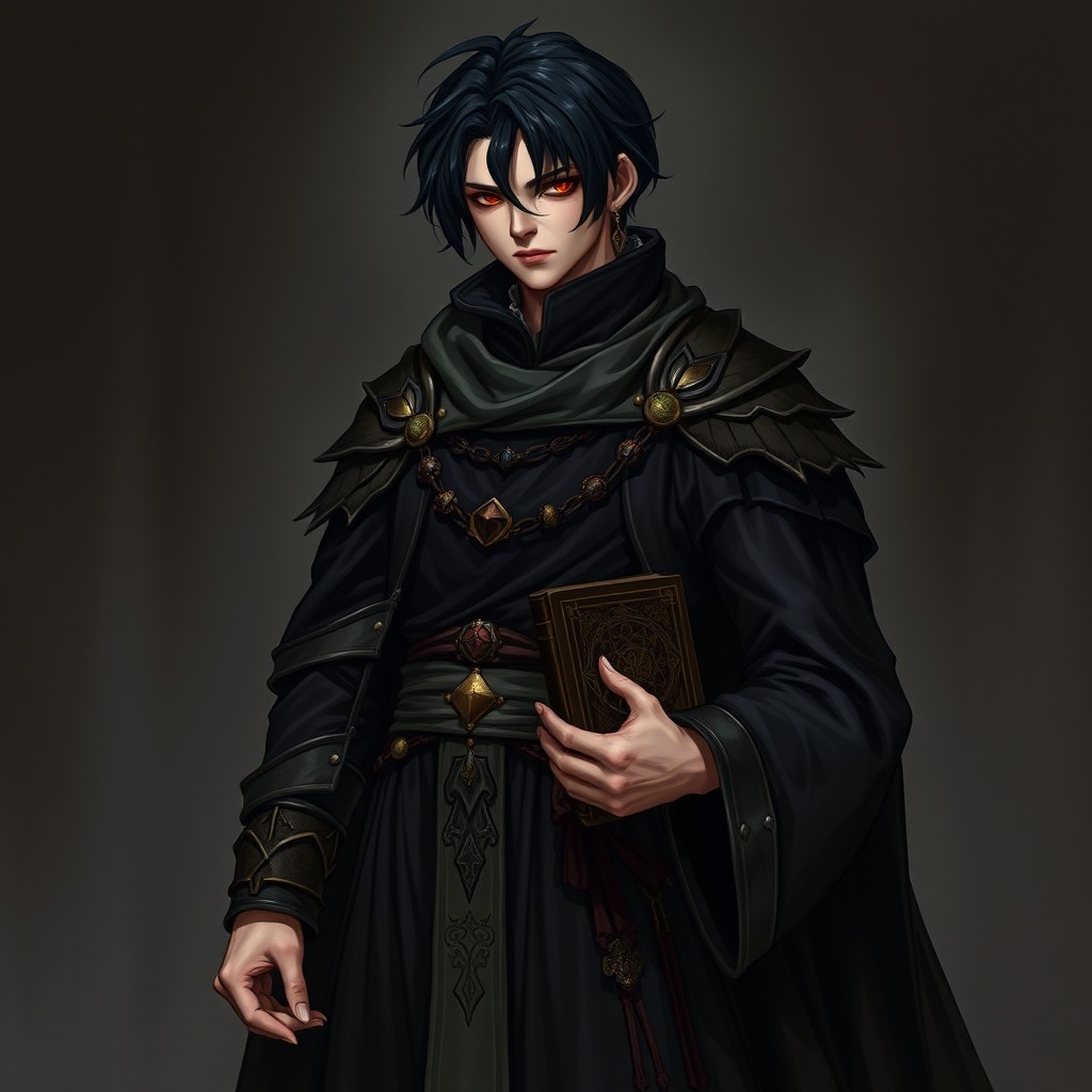 A full-body portrait of a male character resembling a curse priest, with black hair and dressed in typical dark clothing adorned with an epitrachelion