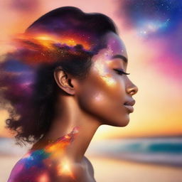 Illustrate a side-profile woman with a sunset's warm hues reflected on her skin. The background features a beach with colliding galaxies, all rendered in blurred colors for a dreamy effect.