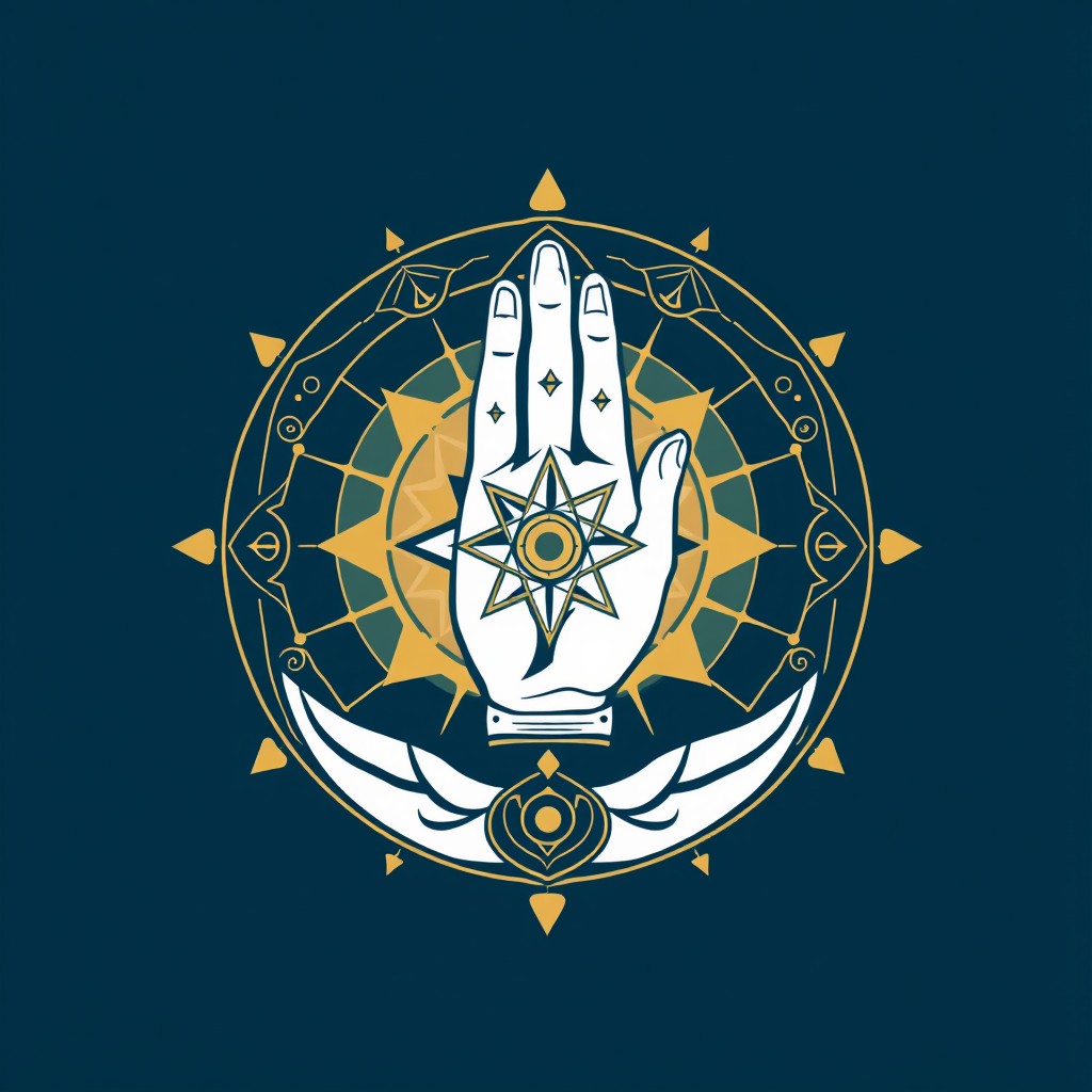 A beautifully designed logo featuring a divine hand, intricately crafted with elements of sacred geometry