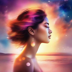 Illustrate a side-profile woman with a sunset's warm hues reflected on her skin. The background features a beach with colliding galaxies, all rendered in blurred colors for a dreamy effect.