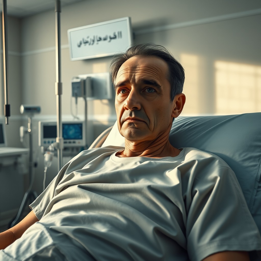 A realistic portrait of a person lying on a hospital bed in an Iranian hospital room