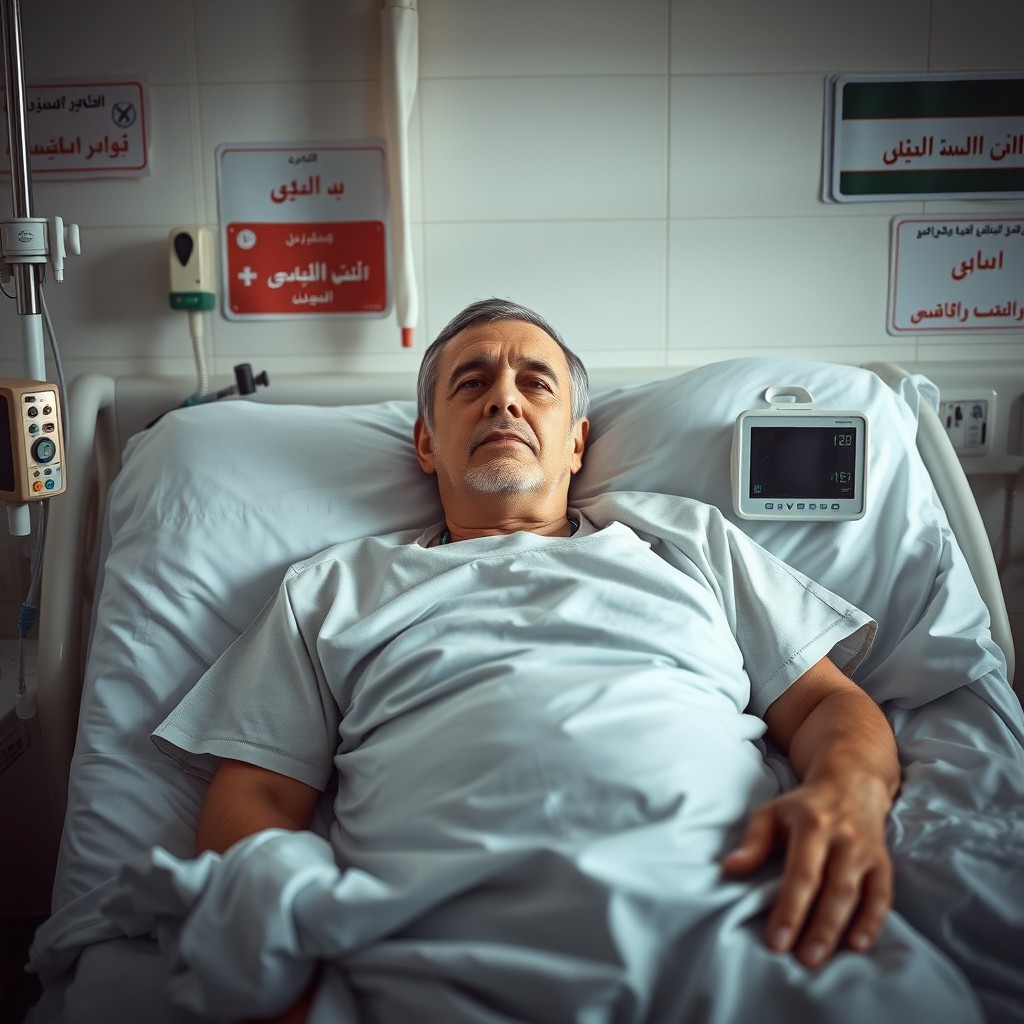 A realistic portrait of a person lying on a hospital bed in an Iranian hospital room, wearing a hospital gown