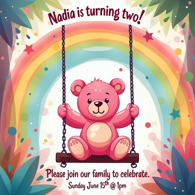 A cute and playful birthday invitation design featuring a pink teddy bear on a swing, surrounded by vivid rainbow splashes