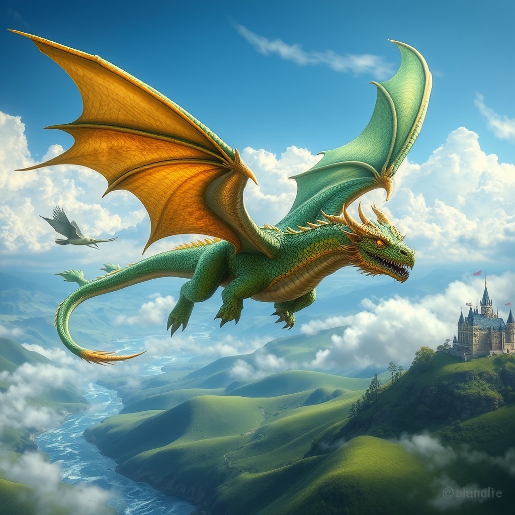 A majestic dragon soaring through the sky, its scales shimmering in shades of emerald green and gold, with large, intricately detailed wings spread wide