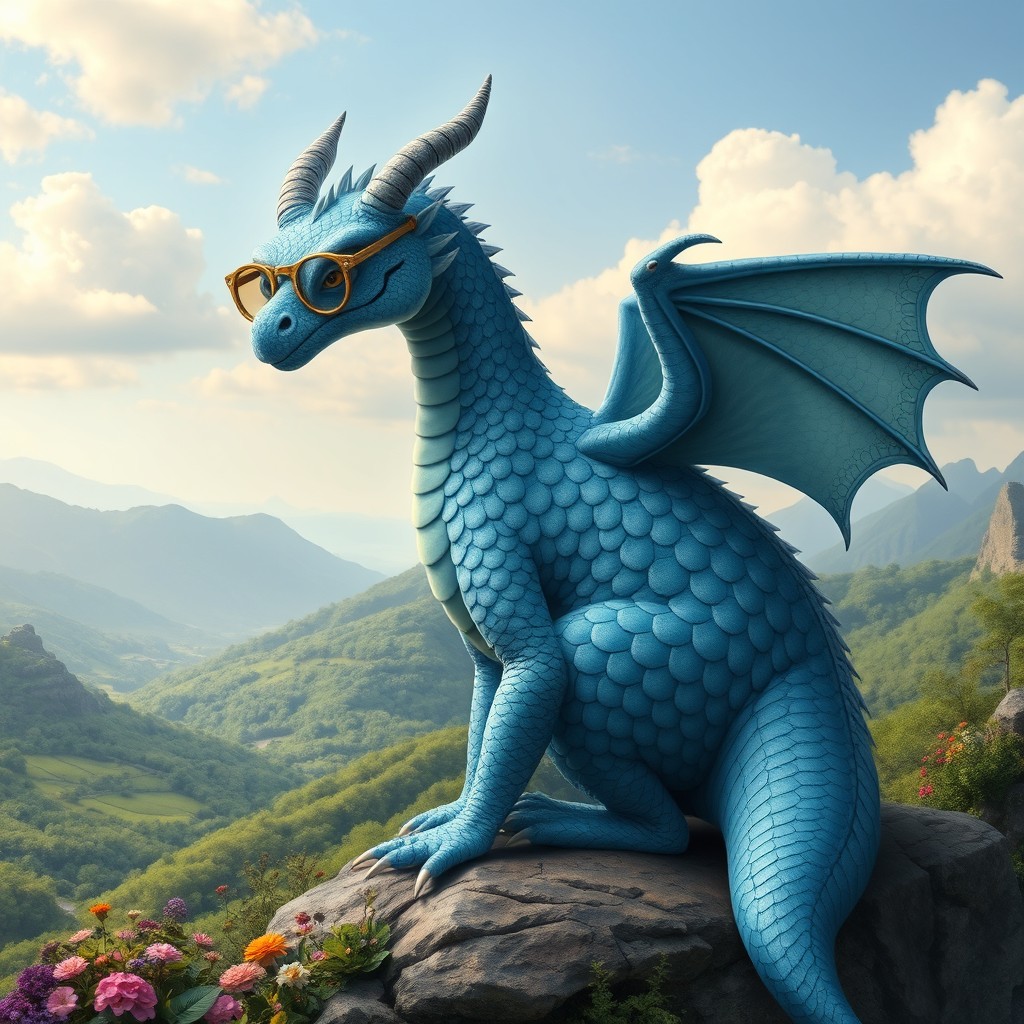 An elegant old blue dragon with a round, plump body, adorned in intricate scales of varying shades of blue
