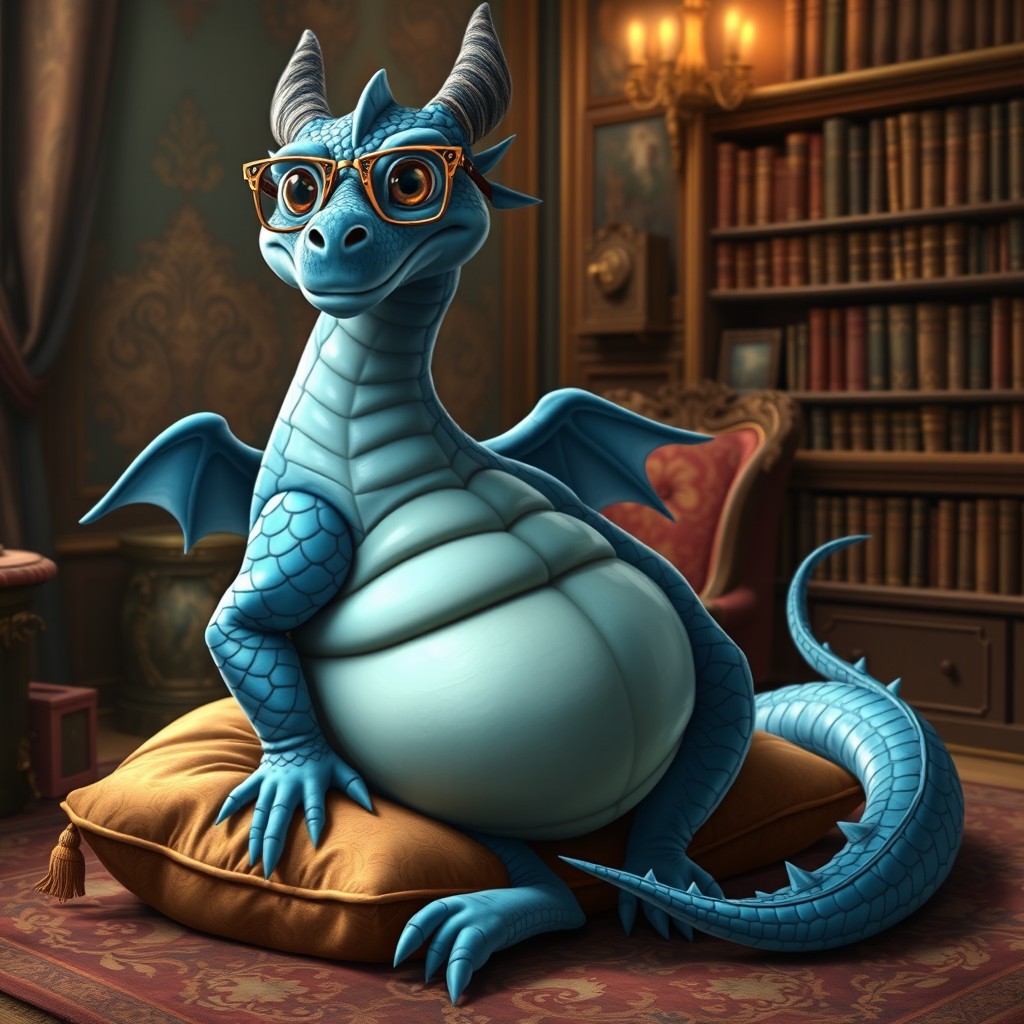 An anthropomorphic blue dragon with an elegant appearance and a charming pot belly, sitting gracefully on a luxurious cushion
