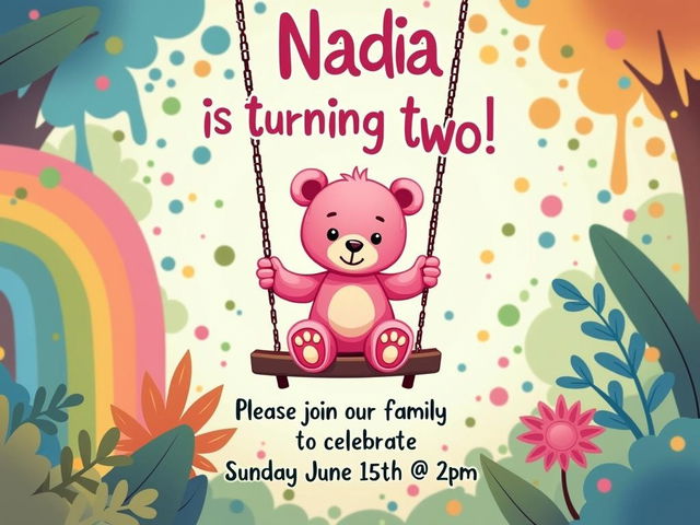 A cute and playful birthday invitation design featuring a pink teddy bear on a swing, surrounded by vibrant rainbow splashes across the page