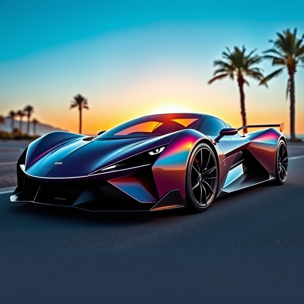 A futuristic supercar named "Katara", featuring sleek aerodynamic curves and a glossy metallic finish that shifts colors in the light