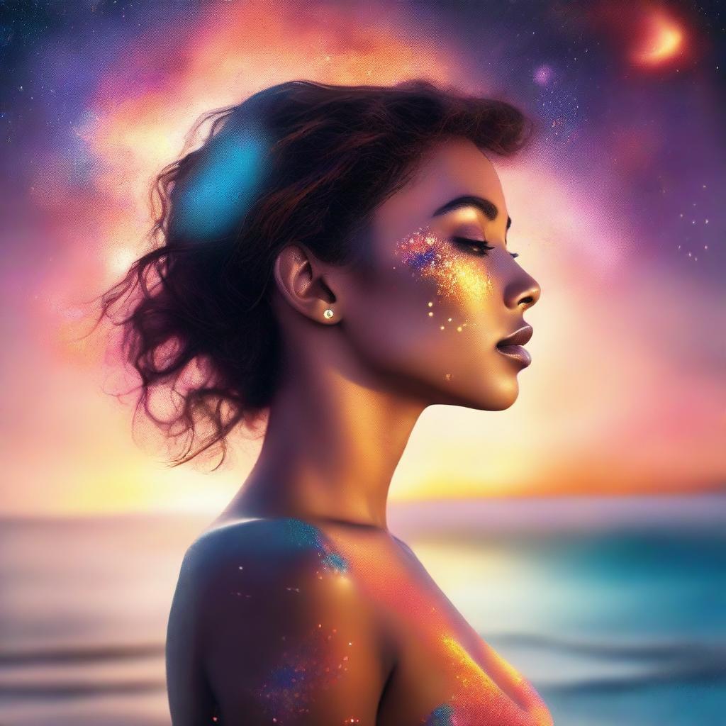 Illustrate a side-profile woman with a sunset's warm hues reflected on her skin. The background features a beach with colliding galaxies, all rendered in blurred colors for a dreamy effect.