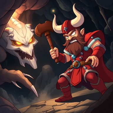 An epic cartoon illustration featuring Rostam in vivid red armor, wielding his bull-headed mace in the midst of an intense battle against the White Div (Div-e Sepid) from Ferdowsi's Shahnameh