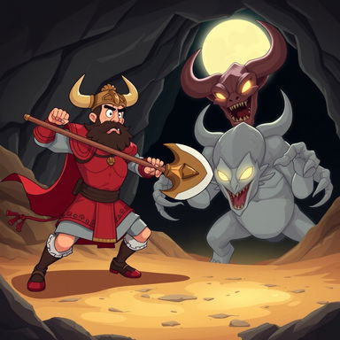 An epic cartoon illustration of Rostam battling the White Div (Div-e Sepid) from Ferdowsi's Shahnameh, depicted in Persian miniature style