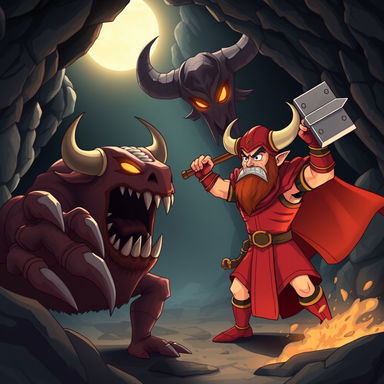 An epic cartoon illustration featuring Rostam in vivid red armor, wielding his bull-headed mace in the midst of an intense battle against the White Div (Div-e Sepid) from Ferdowsi's Shahnameh