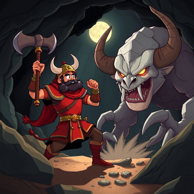 An epic cartoon illustration featuring Rostam in vivid red armor, wielding his bull-headed mace in the midst of an intense battle against the White Div (Div-e Sepid) from Ferdowsi's Shahnameh