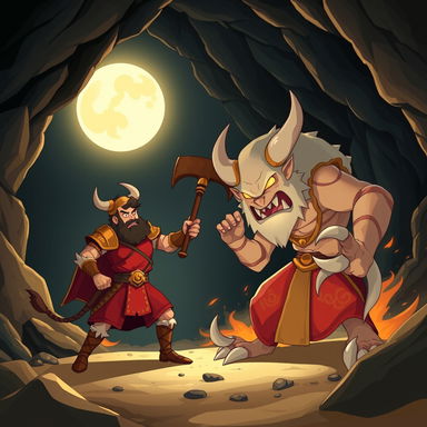 An epic cartoon illustration featuring Rostam in vivid red armor, wielding his bull-headed mace in the midst of an intense battle against the White Div (Div-e Sepid) from Ferdowsi's Shahnameh